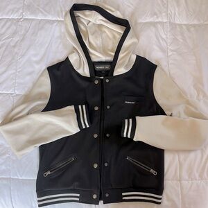 Members Only Black and White Button Up Varsity Bomber Jacket Hoodie